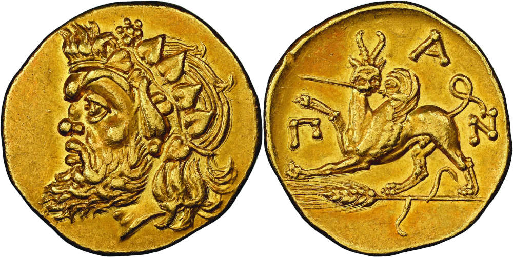 Lot 18: Panticapaeum (Bosporus). Gold stater, ca. 340-325. From NGSA auction 8 (2014), No. 32. NGC Choice XF* 5/5 4/5 Fine Style. Estimate: 90,000 euros.