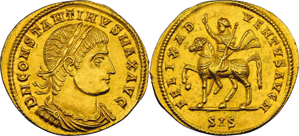 Lot 52: Constantine I 307-337. Multiple issue of 1 1/2 solidi, Siscia, 324-325. From Hirsch auction 24 (1909), No. 3634 (Consul E. Weber Coll.); from Schulman auction (1923), No. 641 (Vierordt Coll.); from Leu auction 72 (1998), No. 509 and from SINCONA auction 4 (2011), No. 4131. Extremely rare. NGC Choice AU* 5/5 4/5. Estimate: 100,000 euros.
