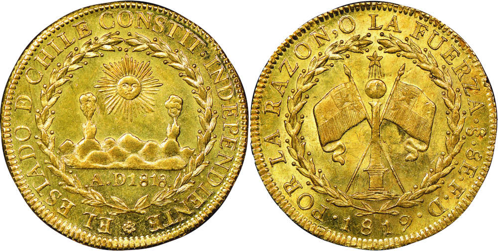 Lot 162: Chile. Ferdinando VII, 1808-1833. 8 escudos, 1819. From the Dr. Moore Collection. NGC MS65. Estimate: 25,000 euros.