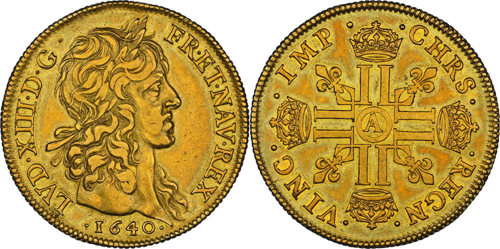 Lot 233: France. Louis XIII, 1610-1643. 40 livres = 4 louis d’or, 1640. Extremely rare. NGC XF45. Estimate: 70,000 euros.