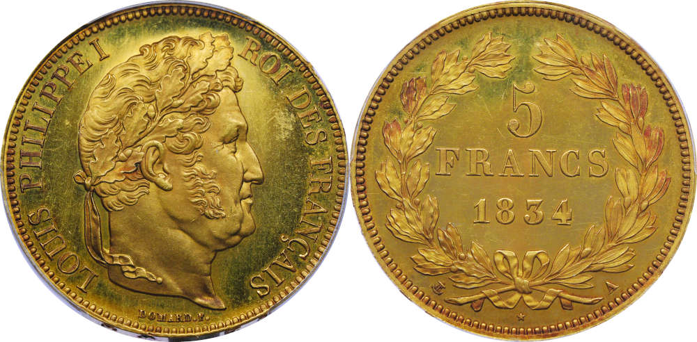 Lot 330: France. Louis-Philip I, 1830-1848. Proof gold pattern for the 5-franc silver piece, Paris 1834. Gadoury 678 (this specimen). From Sotheby auction (1954), King Farouk Collection, No. 547. PCGS SP66 (PROOF ULTRA CAMEO). Estimate: 200,000 euros.