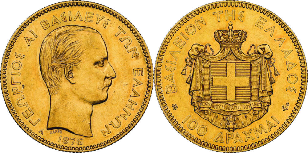 Lot 451: Greece. George I, 1863-1913. 100 drachms, Paris 1876. Only 76 specimens minted. NGC AU58. Estimate: 70,000 euros.