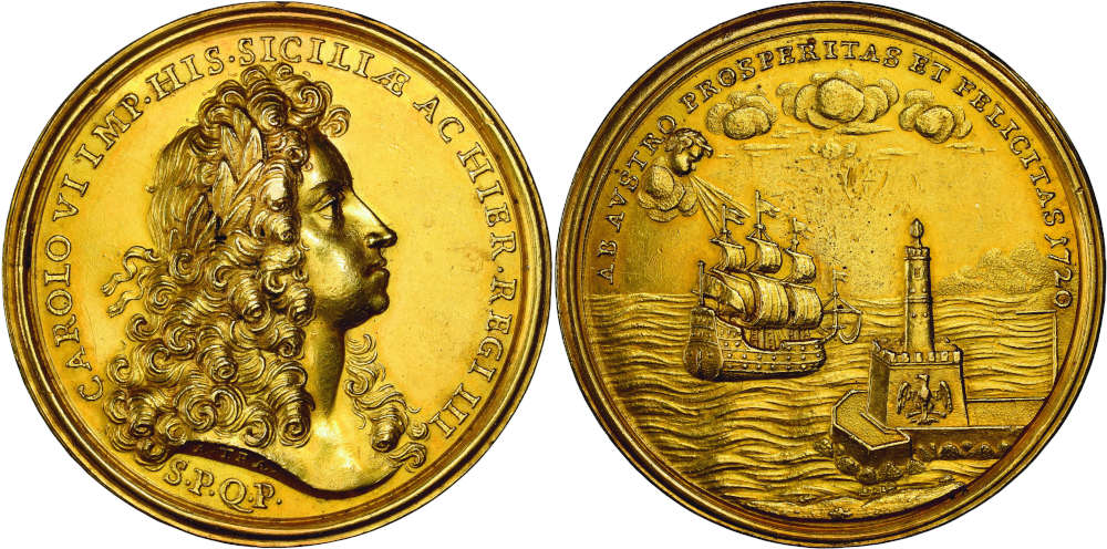Lot 536: Italy / Kingdom of Sicily. Carlo VI, 1685-1740, King of Sicily, 1720-1734. Gold medal commemorating the Senate of Palermo paying homage to him when he took over the rule in 1720. Extremely rare. Minor perforation. About FDC. Estimate: 40,000 euros.