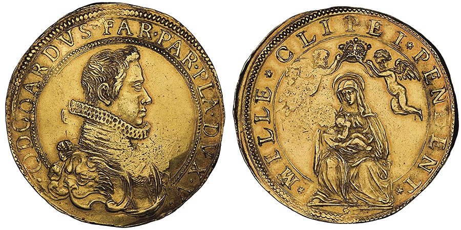 Lot 540: Italy / Parma. Odoardo Farnese, 1622-1646. 6 doppie, n.d. Extremely rare. NGC AU58. Estimate: 100,000 euros.
