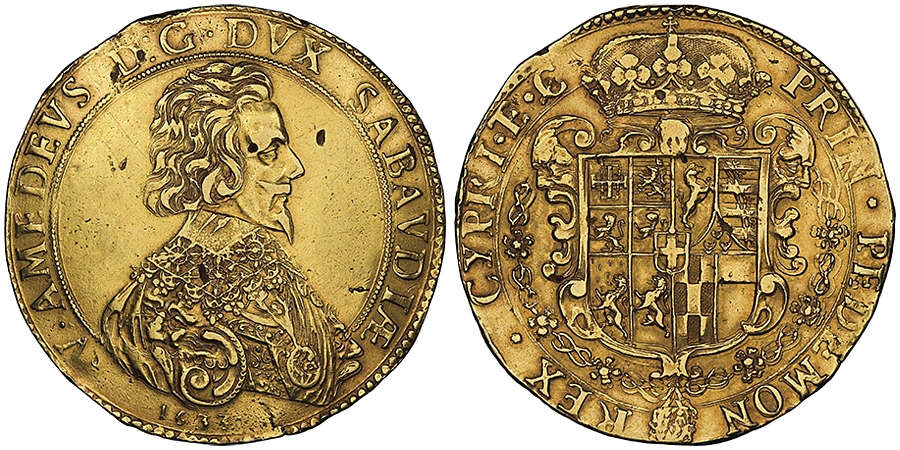 Lot 623: Italy / Casa Savoia. Vittorio Amedeo, 1630-1637. 10 scudi d’oro, II Tipo, Turin, 1633. Extremely rare. NGC AU53. Estimate: 180,000 euros.
