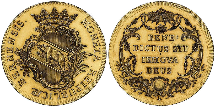 Lot 781: Switzerland / Bern. 10 ducats, undated. Extremely rare. NGC MS61. Estimate: 110,000 euros.