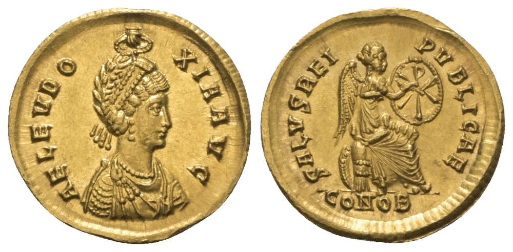 Los 1229: mint state solidus of Aelia Eudoxia, 402 - 403 AD, Constantinople. Starting Price: 4,000 EUR.