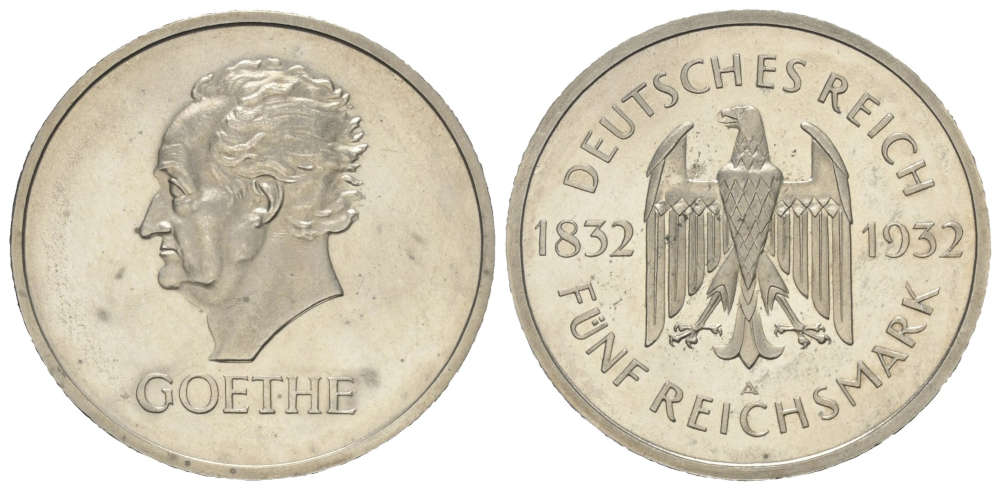 Lot 1296: Weimar Republic. 5 Mark 1932 A. Goethe. Starting Price: 1,800 EUR.