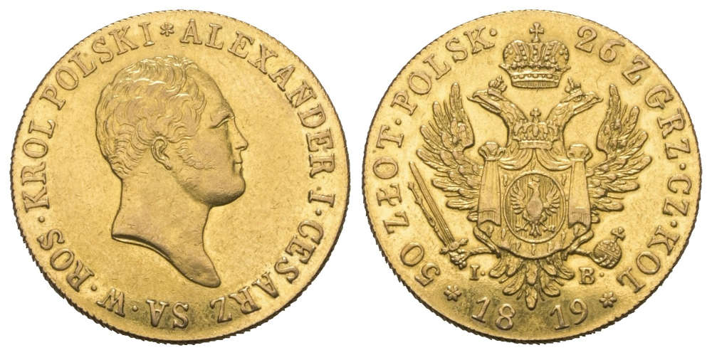 Lot 1321: Russia for Poland. Alexander I, 50 Zloty 1819, Warsaw. Starting Price: 1,000 EUR.