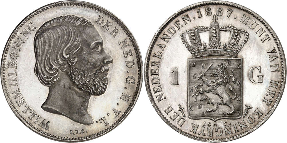 Lot 3524: Willem III. 1 gulden 1867, Utrecht. One of a few specimens that were minted for the World’s Fair in Paris. Purchased in 1951 by Jacques Schulman. Proof. Estimate: 50,000 euros