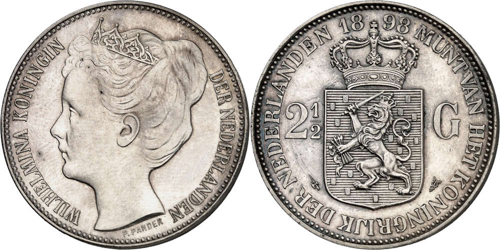 Lot 3696: Wilhelmina. Pattern of 2 1/2 gulden 1898 in silver, Utrecht. Coronation type. Unique? From Schulman auction 225 (1955), Lot 633. Proof, minimally rubbed. Estimate: 50,000 euros