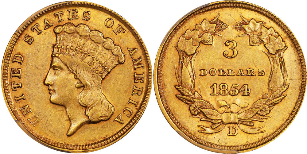 Lot 4047: 1854-D Three-Dollar Gold Piece. Winter 1-A, the only known dies. AU-55 (PCGS). CAC. Result: $96,000.