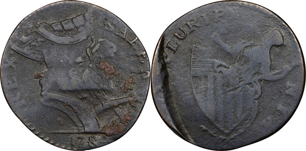 Lot 3110: 1787 New Jersey Copper. Maris 70-x, W-5410. Rarity-7-. Plaited Mane, Missing Eye--Overstruck on a Counterfeit English Halfpenny. VF Details--Environmental Damage (PCGS). Result: $12,000.