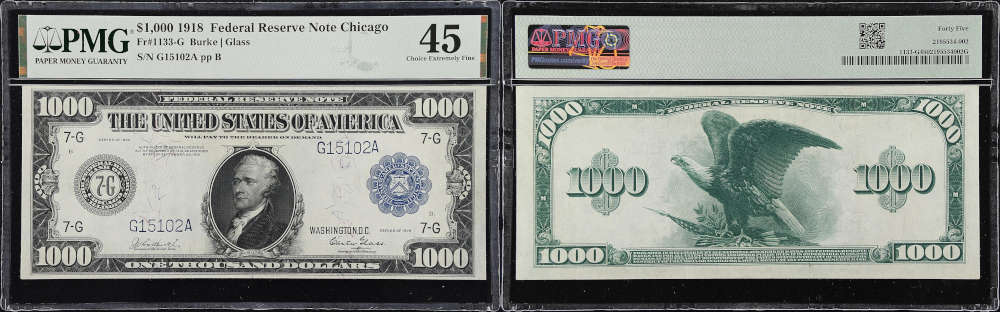 Lot 20204: Fr. 1133-G. 1918 $1000 Federal Reserve Note. Chicago. PMG Choice Extremely Fine 45. Result: $55,200.