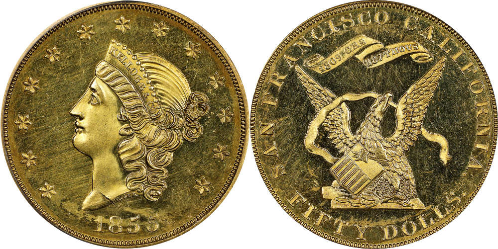 1855 Kellogg & Co. $50, Proof-63 Cameo (PCGS) CMQ-X. Eliasberg Collection.