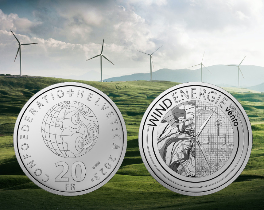 Swissmint's latest collector coin is dedicated to Wind power. Background: Appolinary Kalashnikova via Unplash.