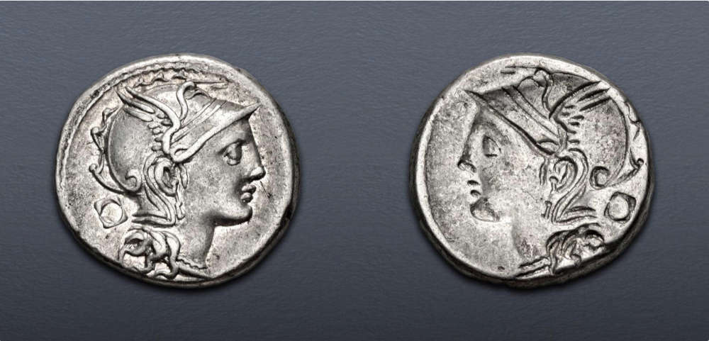 Lot 423: Roman Republican Appius Claudius Pulcher, T. Manlius Mancius, and Q. Urbinius. Denarius, 111-110 BC, Rome mint. Brockage. Good Very Fine. Estimate: $150.