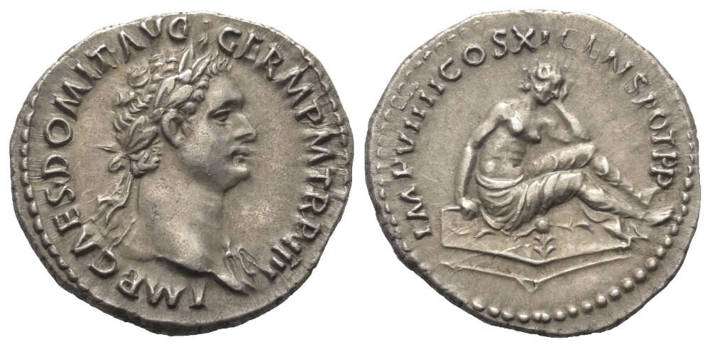 Lot 127: Roman Imperial. Domitian (81-96). Denarius, 85, Rome. Mourning Germania. Starting Price: 1,500 EUR.