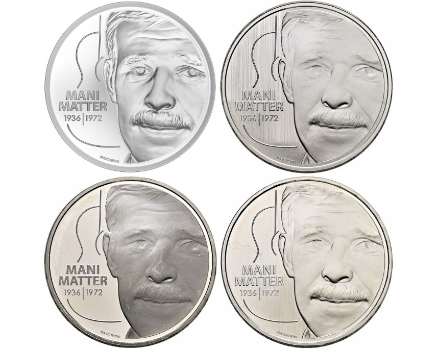 For the obverse of the 2022 20-Francs commemorative coin “Mani Matter”, various patterns were created, most of which are unique. They will be offered this fall at SINCONA.