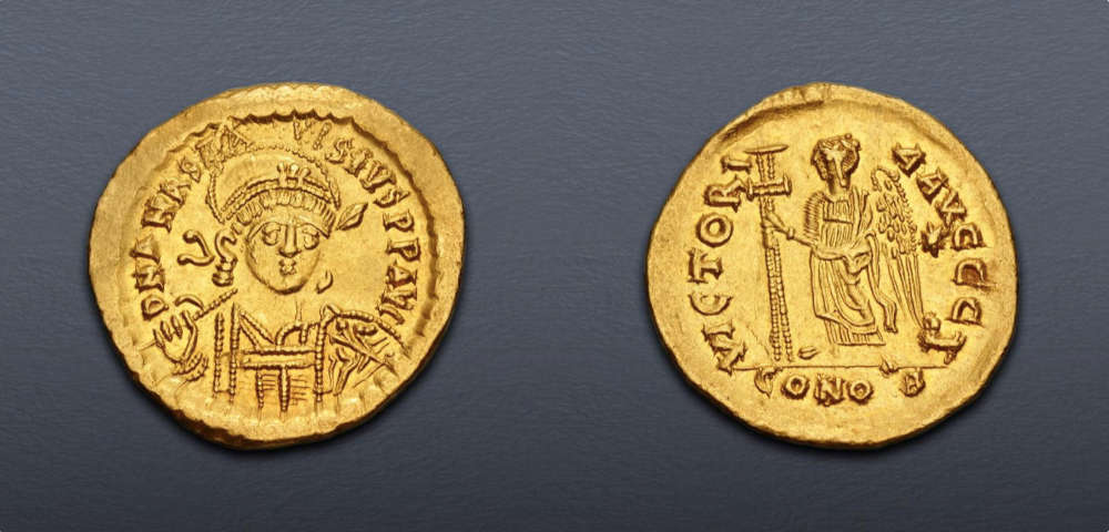 Lot 733: Byzantine. Anastasius I (491-518). Solidus, 492-507, Constantinople mint. 10th officina. Extremely Fine. Estimate: $750.