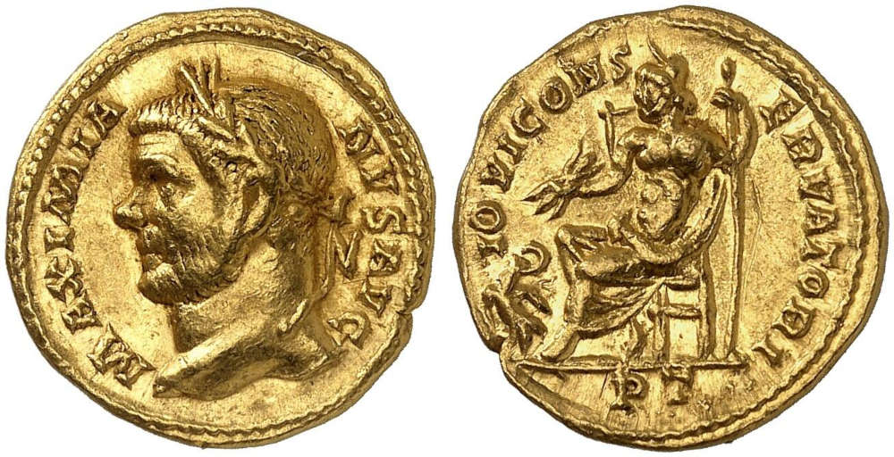 No. 116 – Maximianus Herculius, 286-310. Aureus, Trier. RIC -. Extremely fine to FDC. Estimate: 15,000 euros.