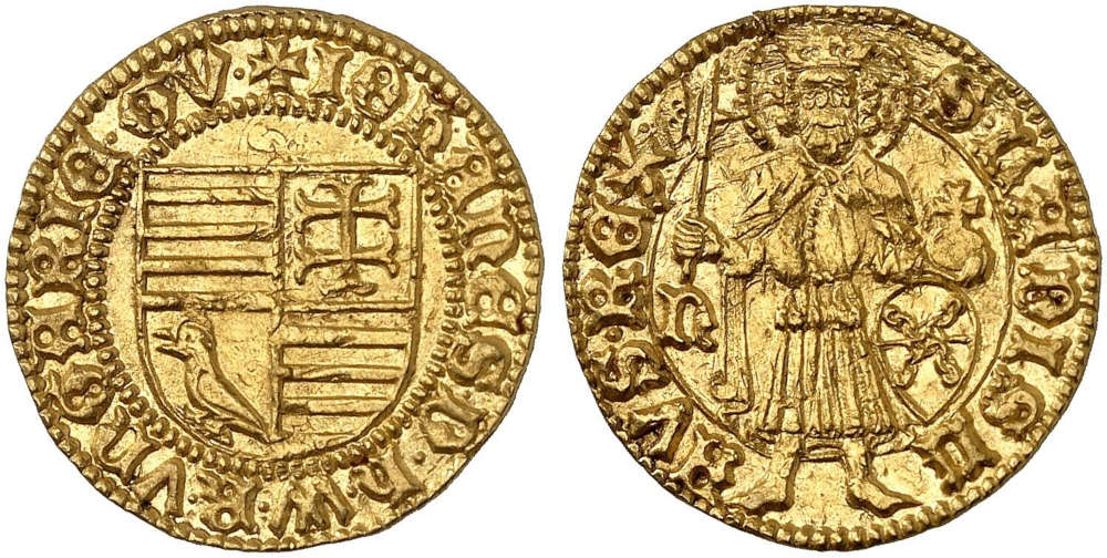 No. 409 – Hungary. John Hunyadi, 1446-1452. Gold gulden n.d. (1446-1447), Nagybánya. Very rare. Extremely fine to mint state. Estimate: 6,500 euros.