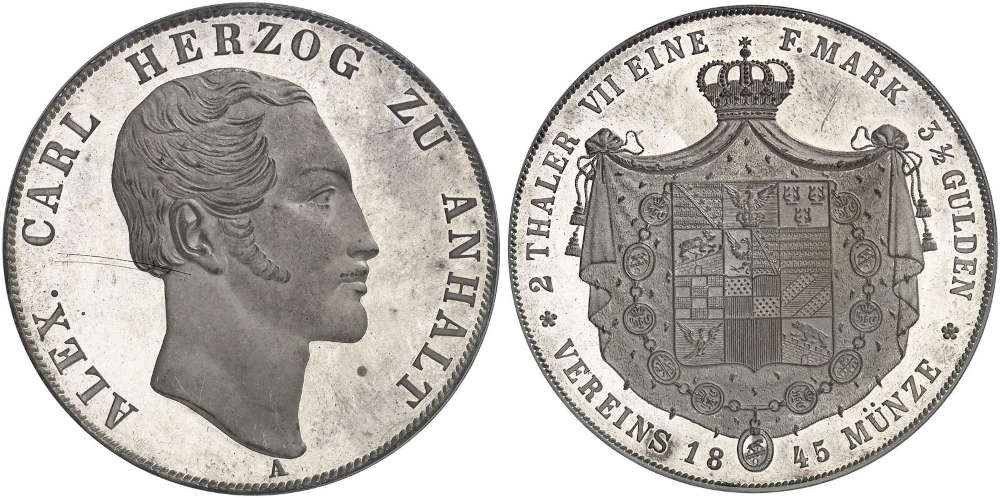 No. 649 – Anhalt-Bernburg. Alexander Carl, 1834-1863. Double taler 1845. PCGS MS64. FDC. Estimate: 6,000 euros.