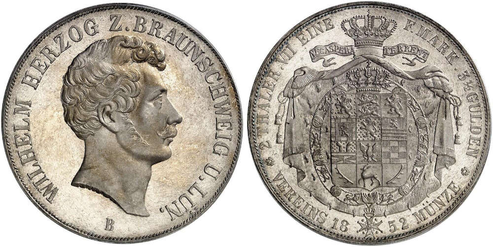 No. 776 – Brunswick-Wolfenbüttel. William, 1831-1884. Double taler 1852. PCGS MS65. FDC. Estimate: 5,000 euros.