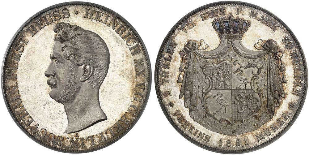 No. 1051 – Reuss-Obergreiz / Older line. Henry XX, 1836-1859. Double taler 1851. Very rare. PCGS MS66. First strike, FDC. Estimate: 10,000 euros.