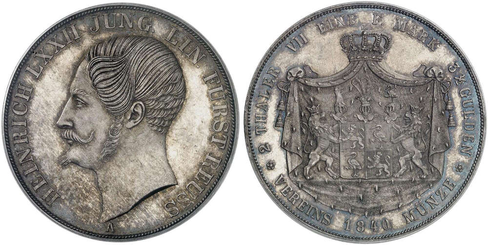 No. 1053 – Reuss-Obergreiz / Younger line. Henry LXXII, 1822-1848. Double taler 1840 A. Extremely rare. PCGS MS67. FDC. Estimate: 15,000 euros.