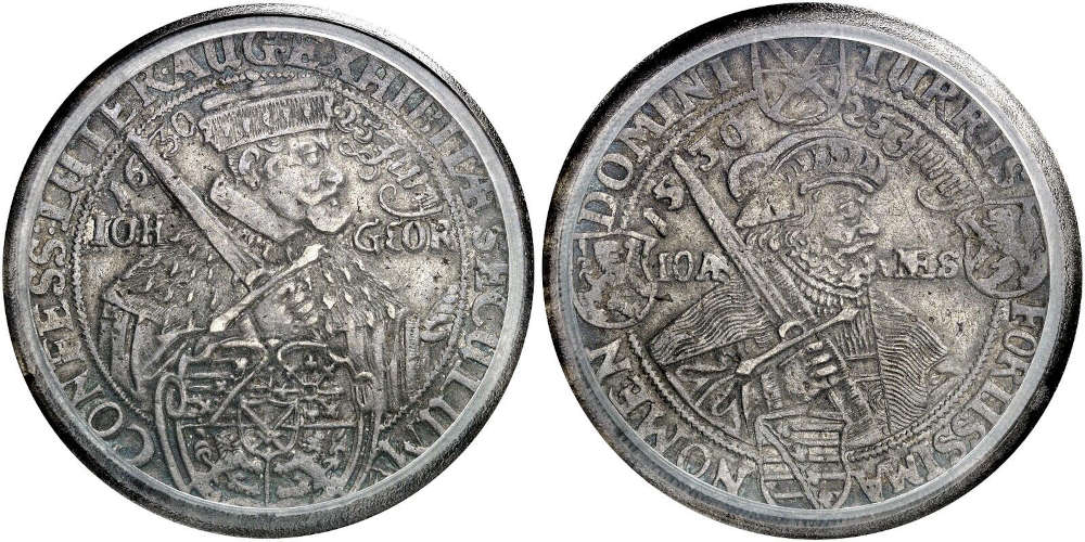 No. 1093 – Saxony / Albertine branch. John George I, 1615-1656. 1630 taler, commemorating the centenary of the presentation of the Augsburg Confession. Very rare. Discolouration of the slab. PCGS XF45. Very fine to extremely fine. Estimate: 8,000 euros.