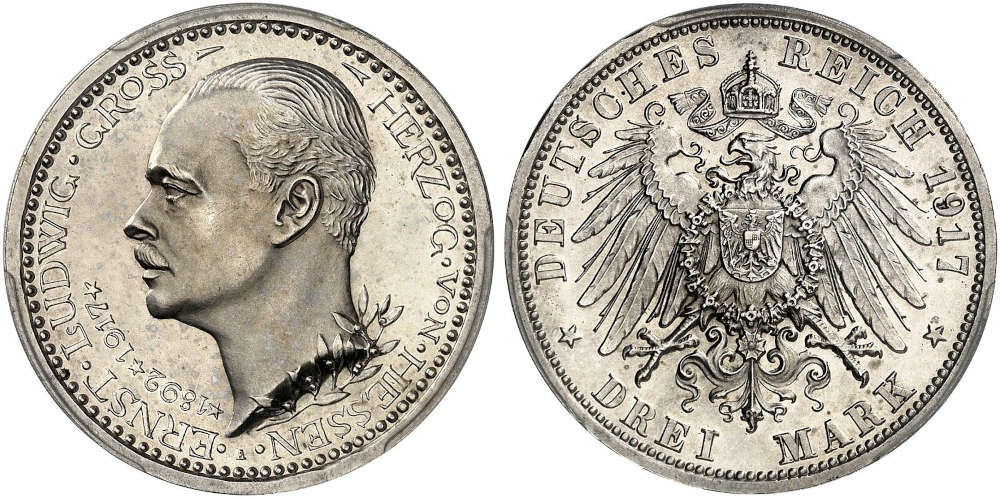 No. 1443 – German Empire. Hesse. Ernest Louis, 1892-1918. 3 marks 1917 in celebration of his silver jubilee as ruler. PCGS PR64. Proof. Estimate: 6,000 euros.