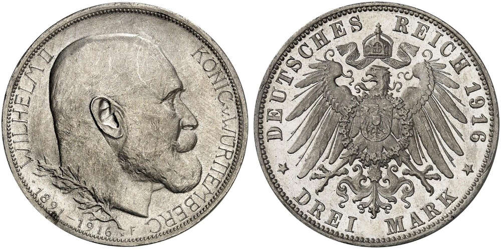 No. 1443 – German Empire. Hesse. Ernest Louis, 1892-1918. 3 marks 1917 in celebration of his silver jubilee as ruler. PCGS PR64. Proof. Estimate: 6,000 euros.