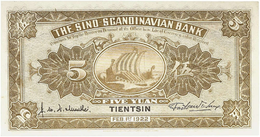 No. 1986 – China. Sino-Scandinavian Bank Tientsin. 5 yuan 1922. Uncirculated. Estimate: 250 euros.