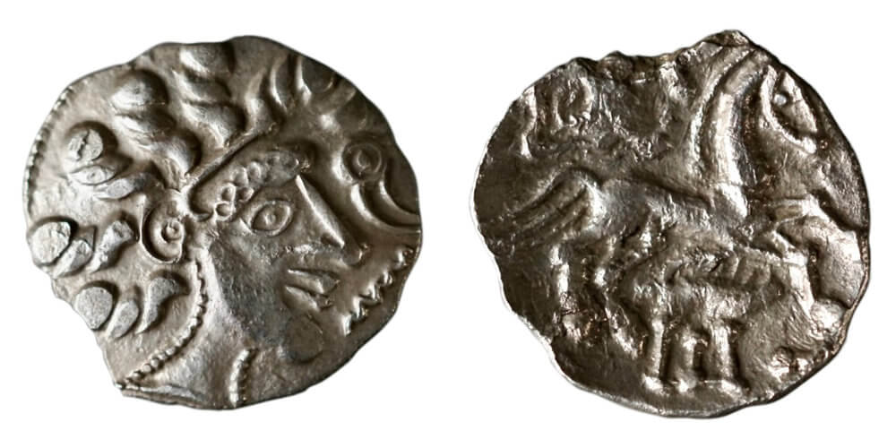 Southern, Regini, c. 50-30 BCE, uninscribed silver unit (ABC-).My top pick was only discovered after the publication of Ancient British Coins (ABC) in 2010, with this example unearthed last year. The obverse is a breath-taking female portrait, with an oval eye, long pointed nose, pin lips, a prominently rounded chin, and spiralling locks for hair; a duck is featured, hanging from a diademed helmet, with a snake, eel or worm below its bill. We simply cannot know who is portrayed, although a goddess is possible given the diadem and sacred duck. What we do know is that the image created is extraordinary and has been compared with that of the Egyptian queen Nefertiti by Chris Rudd. Wright, Coin 117. 