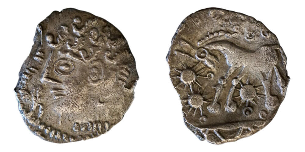 Kent, Cantiaci, c. 60-40 BCE, uninscribed silver unit (ABC-).Another recent discovery, this early silver unit from Kent has spectacular ‘heads’ and ‘tails’. The obverse is a bejewelled (possibly female) profile, with a large (all-seeing) eye, hair comprising tiny seahorses or snake-scrolls and a sheep in front (possibly indicating sacrifice). The reverse is of a vibrant sun-horse, in a playful scene that appears to celebrate the passing of the seasons (and celebration of spring?). Wright, Coin 67. 