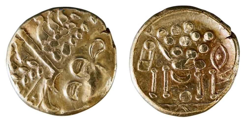 South Western, Durotriges, c. 60-50 BCE, uninscribed gold stater (ABC 482).The coins from the South Western region are some of the most abstract of pre-Roman British coins. Possibly inspired by their trading partners, the Morini in the Pas de Calais, they adopted the abstracted Macedonian prototype of Apollo on the obverse and a horse on the reverse, but continued the process to the point where the body of the horse is reduced to pellets, the legs to sticks, the tail a ‘coffee bean’ and the head a ‘safety-pin’. Wright, Coin 104. 