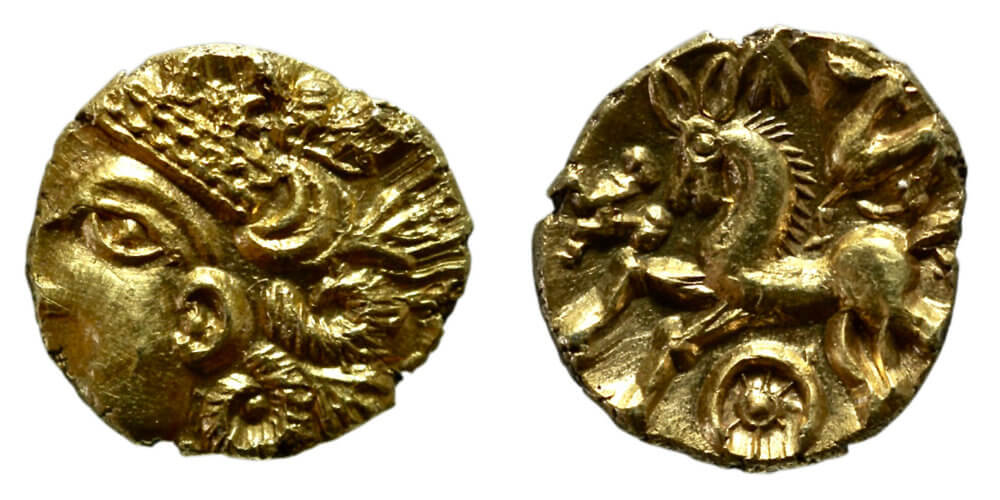 Southern, Regini, c. 55-50 BCE, uninscribed gold quarter stater (ABC 551).Even if the imagery of gold coins was relatively conservative, a contemporary coin went in the opposite direction of the previous coin, becoming less abstract. The obverse portrays a naturalistic face, enigmatically obscured by a partial strike (dies were generally larger than the coin), together with a series of corded curls that are reminiscent of the wreath designs of the prototypes. The reverse presents a recognisable horse, with bristling mane with pointed ears, that (again) has a dragon-like quality. Wright, Coin 29. 
