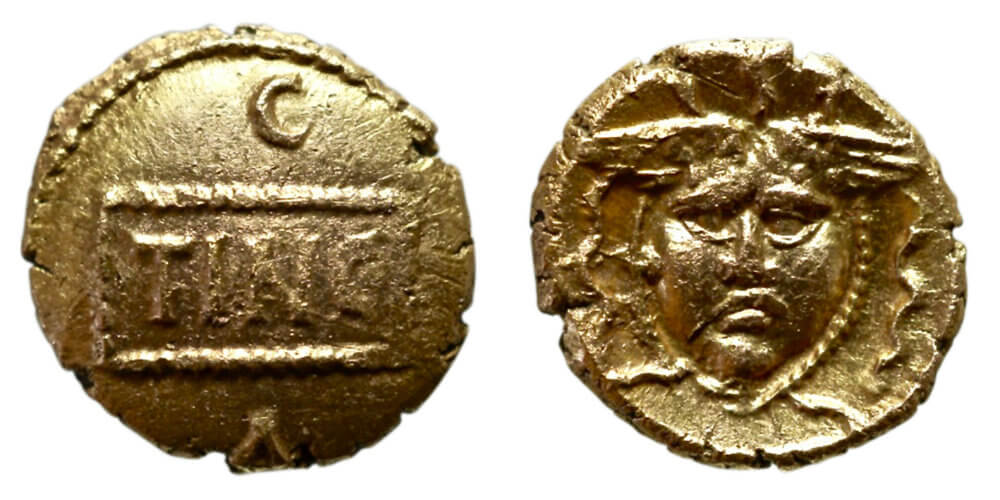 Southern, Regini & Atrebates, Tincomarus, c. 43-51 CE, gold quarter stater (ABC 1076)Our final coin is an inscribed coin from the later period of pre-Roman British coins. Tincomarus was one of the three ‘sons’ of Commius, and blatant propagandist, emblazoning his name on this obverse of this coin. Yet it is the reverse which is famous, depicting a gorgon or ‘Medusa’, incorporating the imagery of Rome and reflecting strong commercial, diplomatic and cultural connections for the south-eastern ‘dynasties’ at least in the period before Roman conquest. Wright, Coin 38. 