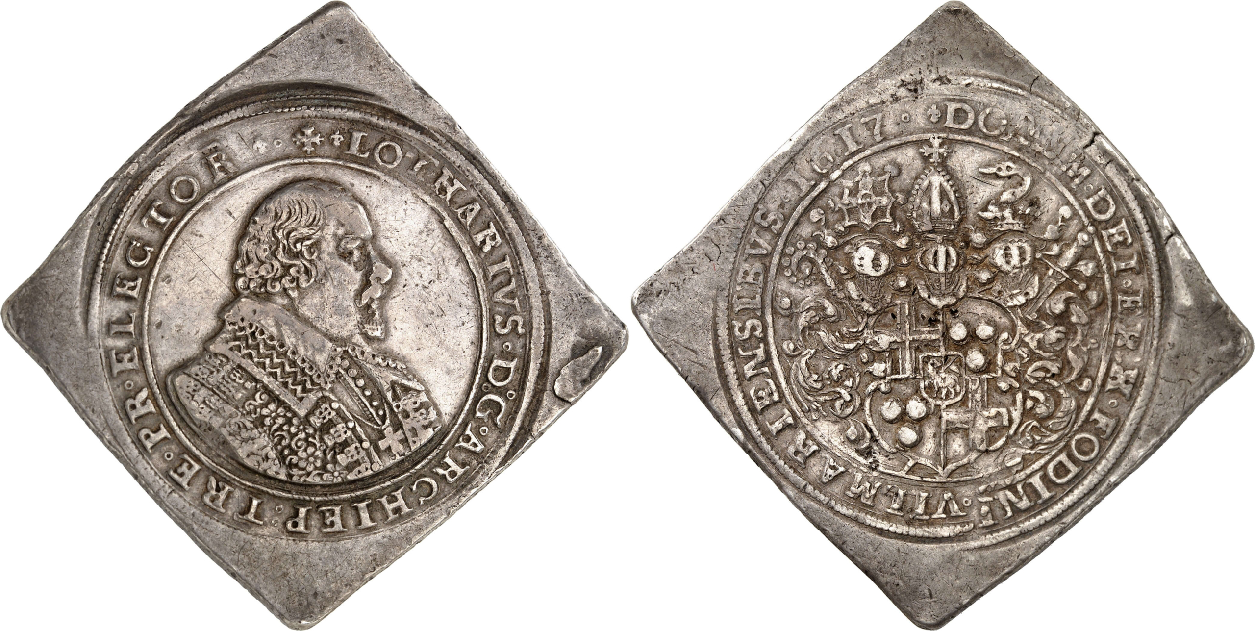 No. 5272. Trier. Lothar von Metternich, 1599-1623. Double 1617 reichstalerklippe, Koblenz. Yield of the Vilmar mines. Very rare. Very fine. Estimate: 10,000 euros. Hammer price: 12,000 euros.