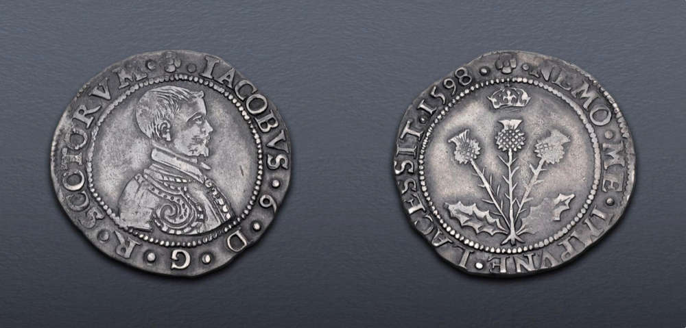 Lot 978: British. Scotland. James VI (1567-1625). Ten Shillings – Thistle Merk, 1598, Edinburgh mint. Seventh coinage. Very fine. Estimate: $300.