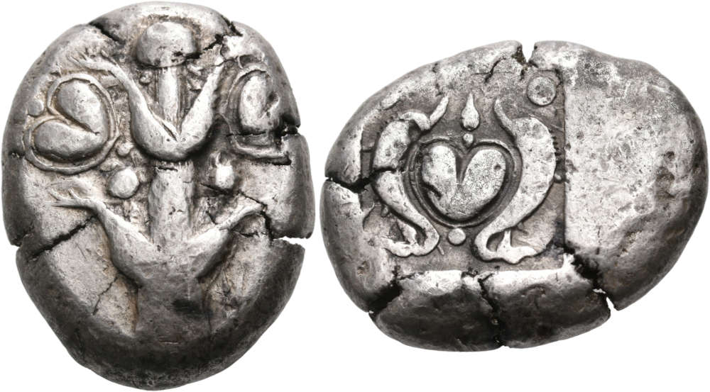 Lot 1225: Kyrenaica. Kyrene. Tetradrachm, c. 500-480 BC. Very rare. Some flan cracks, otherwise, very fine. From the Dr. Paul Peter Urone Collection and the Asyut Hoard of 1969. Estimate: 3,250 CHF. Result: 22,000 CHF.
