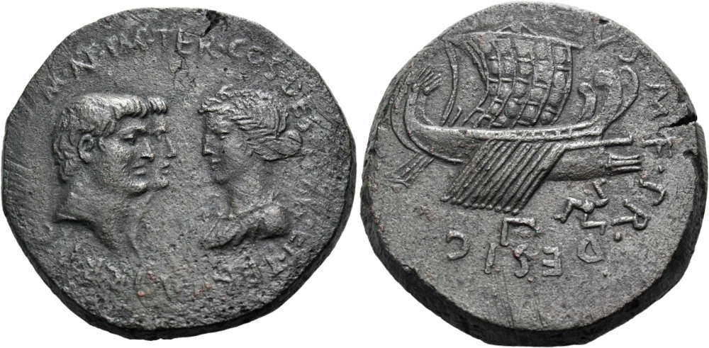 Lot 1403: Roman Provincial. The Triumvirs. Mark Antony, with Octavian and Octavia, late Summer-Autumn 38 BC. Tressis, “fleet coinage”, heavy series, from an uncertain military mint in the east, struck under Lucius Calpurnius Bibulus M. f. as praetor designatus, 38-37. Extremely rare. Somewhat rough surfaces as usual, otherwise, nearly extremely fine. Estimate: 10,000 CHF. Result: 44,000 CHF.