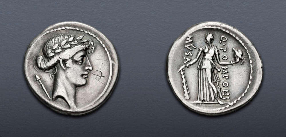 Lot 328: Roman Republic. Q. Pomponius Musa. 56 BC. Denarius. Rome mint. Good Very Fine. Estimate: $200.