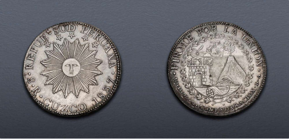 Lot 763: Peru, Peru-Bolivian Confederation. State of South Peru. 1836-1839. 8 Reales. Cuzco mint. Dated 1837 BA. NGC AU 55. Estimate: $750.