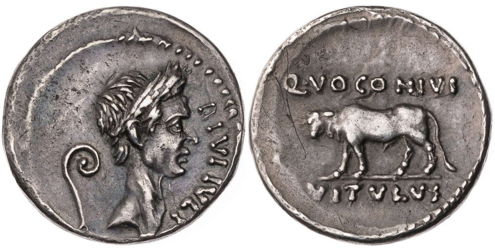 ID PLSMT: Roman Republic. Divus Julius Caesar, with Q. Voconius Vitulus, as moneyer. AR Denarius 40 BC, Rome; 3.23 g. Pleasant dark toning, scratches on reverse, edge partly tooled, otherwise almost extremely fine.