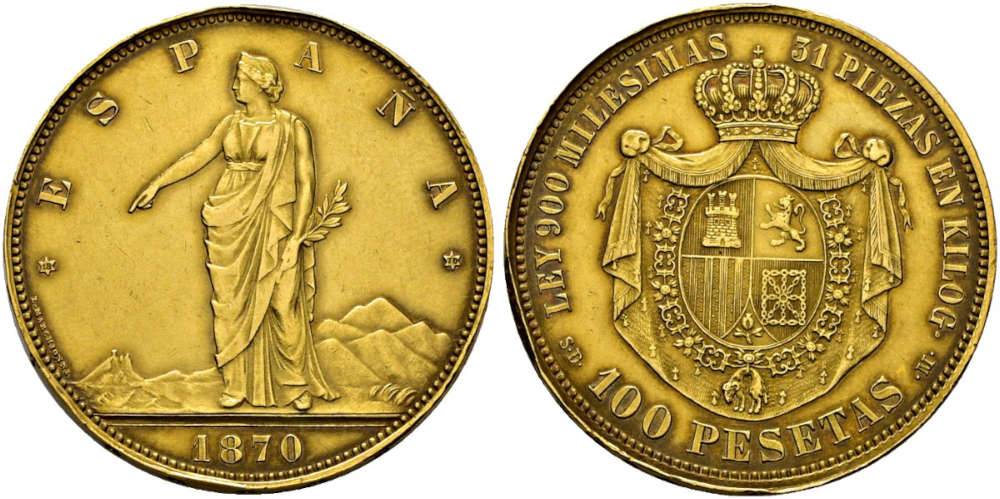 Lot 6185: Spain. 100 Pesetas, 1870. Starting Price: 80,000 EUR.