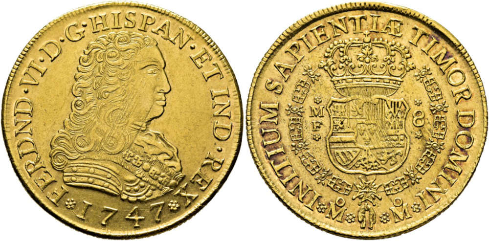 Lot 6098: Spain. 8 Escudos, 1747, Mexico. Starting Price: 15,000 EUR.