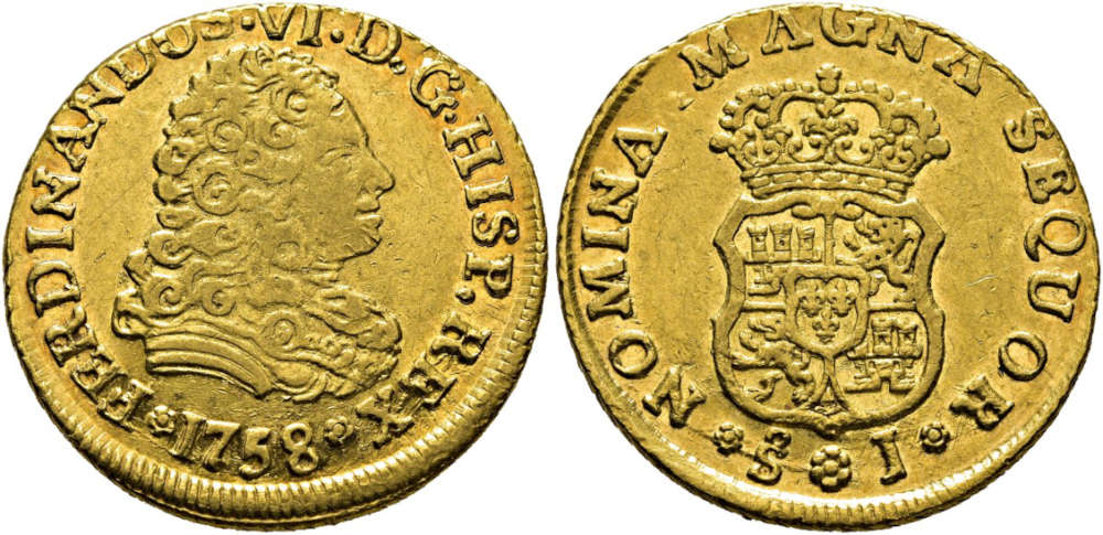 Lot 6134: Spain. 2 Escudos, 1758, Santiago. Starting Price: 15,000 EUR.