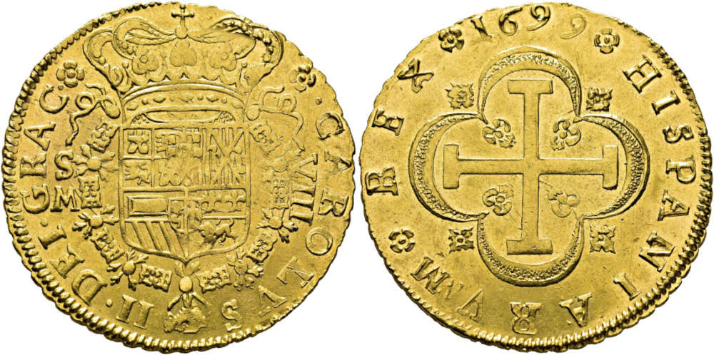 Lot 6011: Spain. 8 Escudos, 1699, Seville. Starting Price: 6,000 EUR.